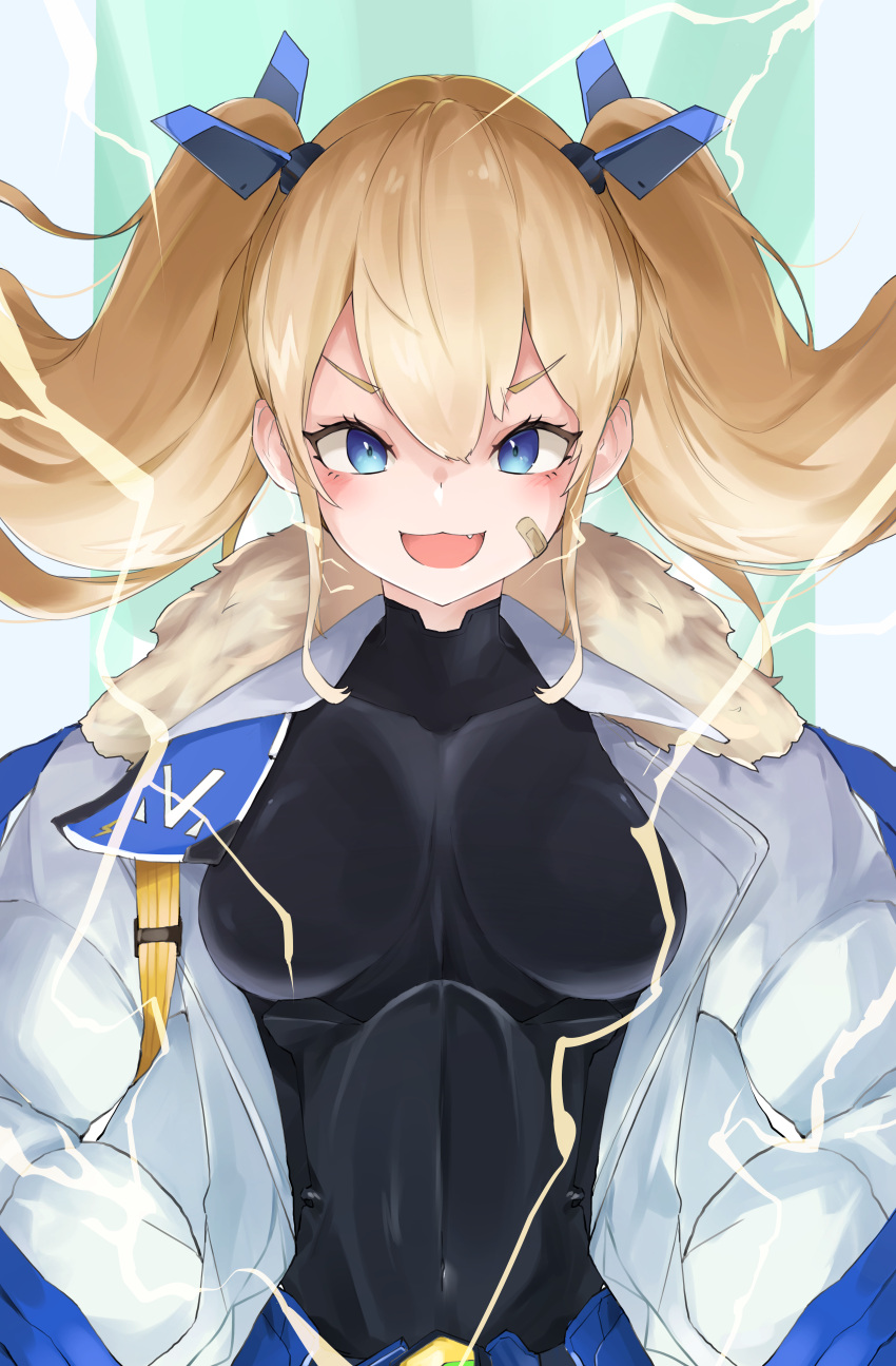 1girl, absurdres, bandaid, bandaid_on_cheek, bandaid_on_face, black_bodysuit, blonde_hair, blue_eyes