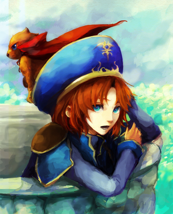 brown_hair, cape, fur, gensou_suikoden, gensou_suikoden_ii, hat, meche, monster