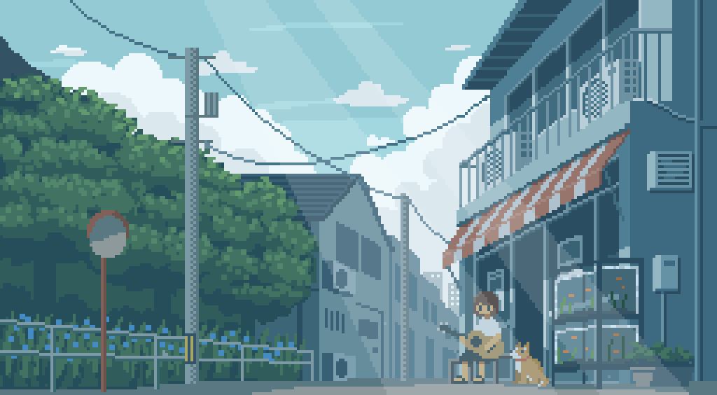 1girl, acoustic_guitar, air_conditioner, animal, animated, animated_gif, awning, balcony