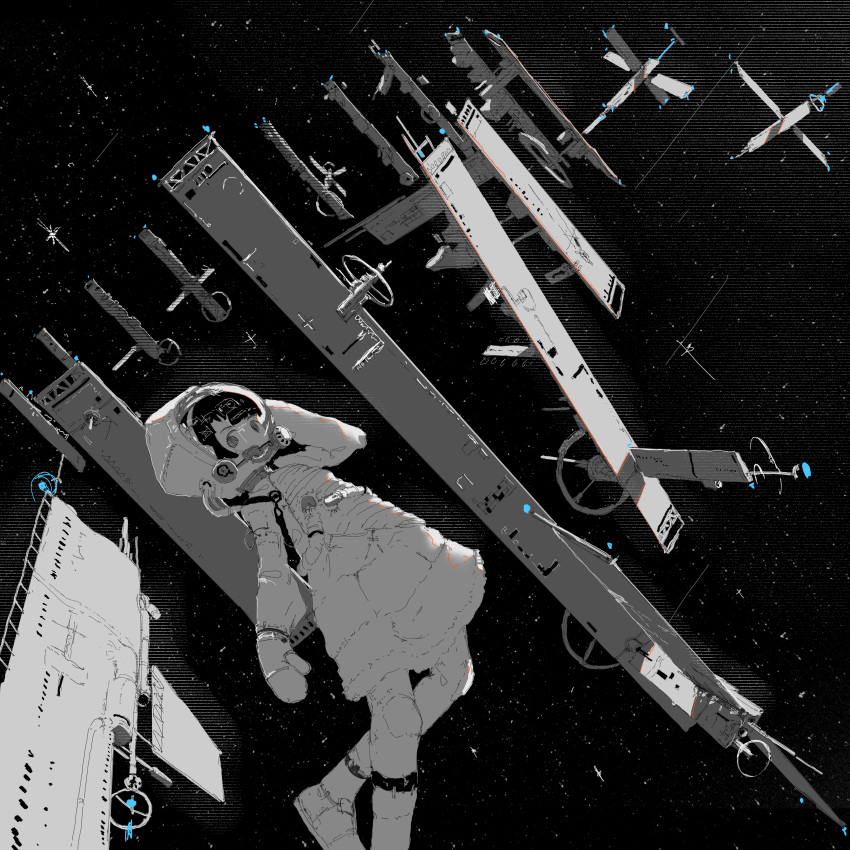 1girl, absurdres, airfish_(lefko_d), astronaut, black_background, camera, english_commentary, expressionless