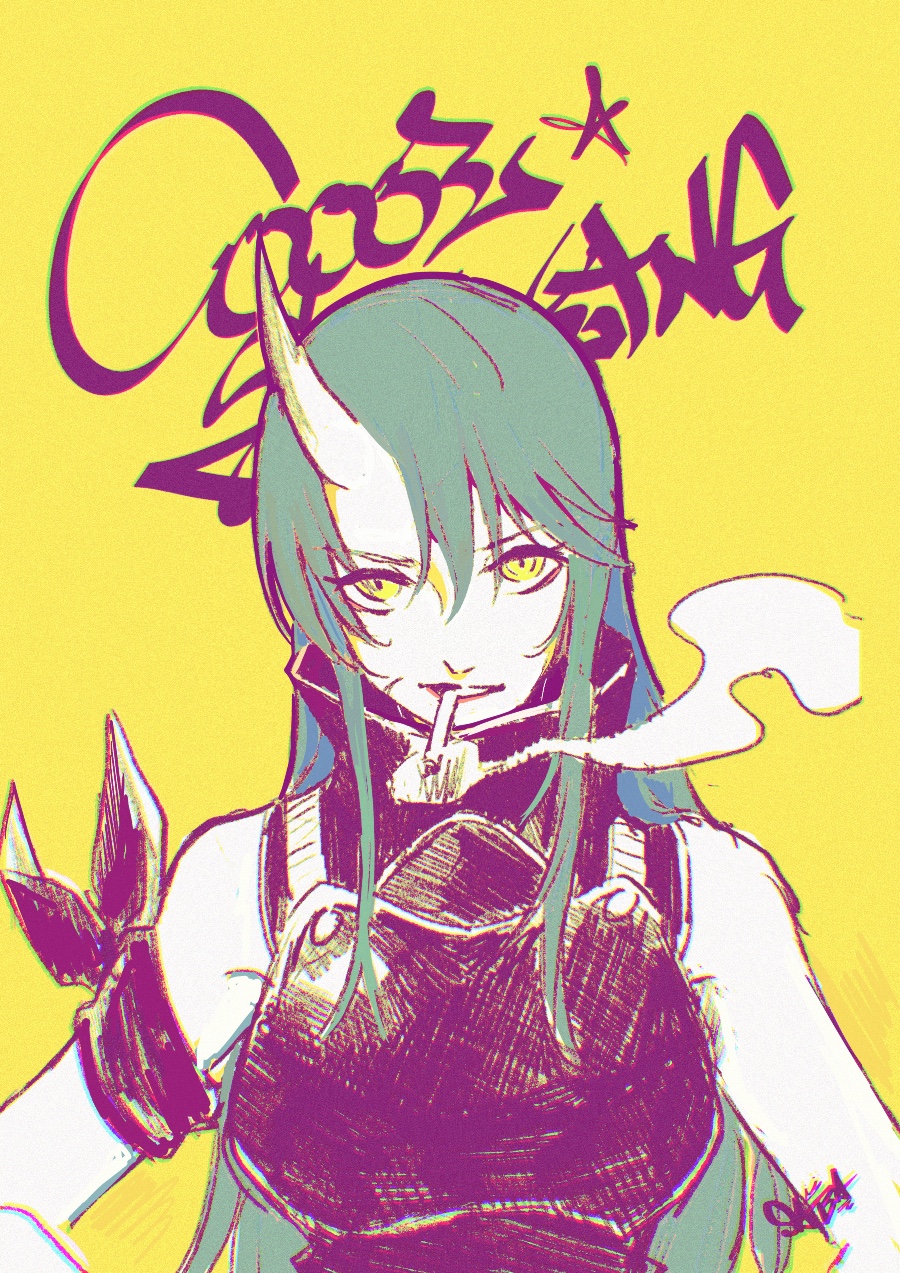 1girl, arknights, bare_shoulders, black_shirt, chromatic_aberration, cigarette, green_hair, high_collar