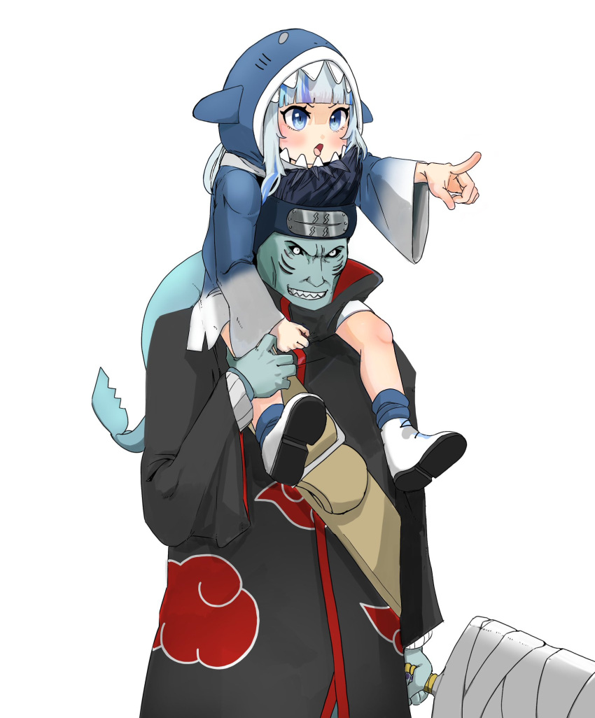 1boy, 1girl, akatsuki_uniform, animal_hood, black_hair, black_robe, blue_eyes, blue_hair