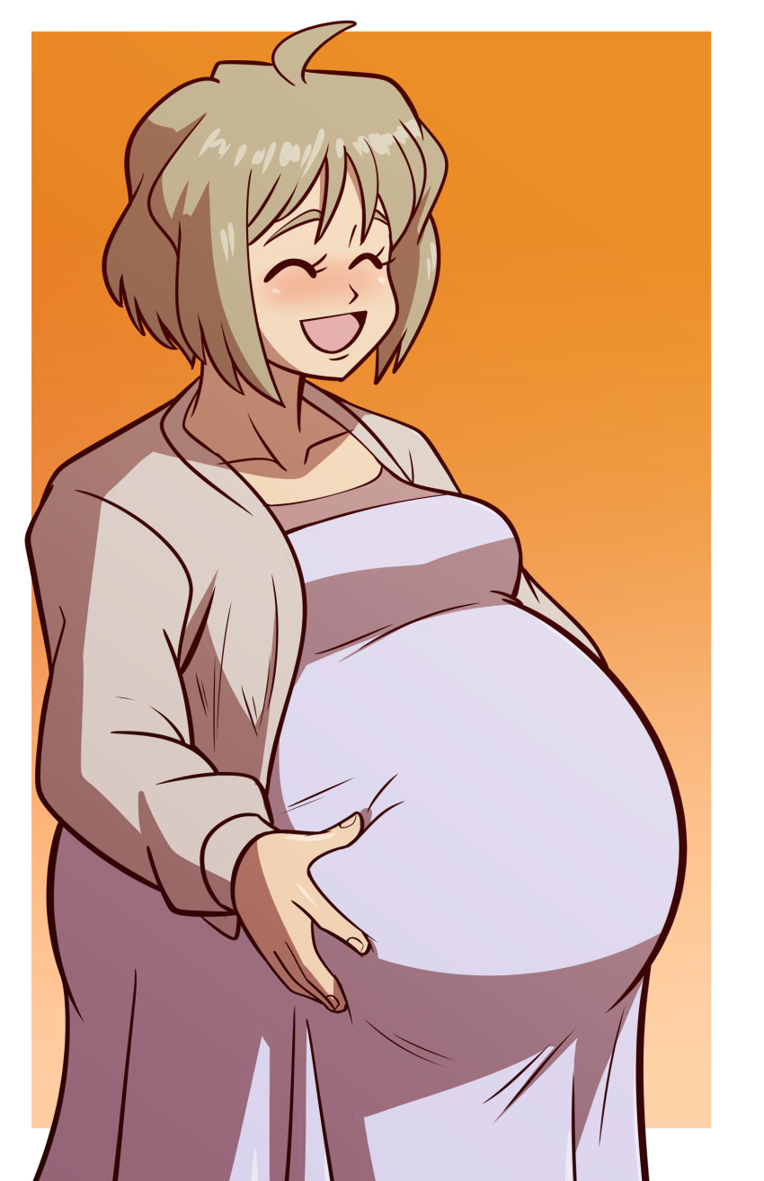 1girl, absurdres, ahoge, axel_rosered, bob_cut, brown_hair, closed_eyes, colored_skin, commission, commissioner_upload, dress, fullmetal_alchemist, gracia_hughes, hands_on_stomach, highres, housewife, non-web_source, pregnant, purple_dress, short_hair, smile, solo, standing, sweater, white_skin
