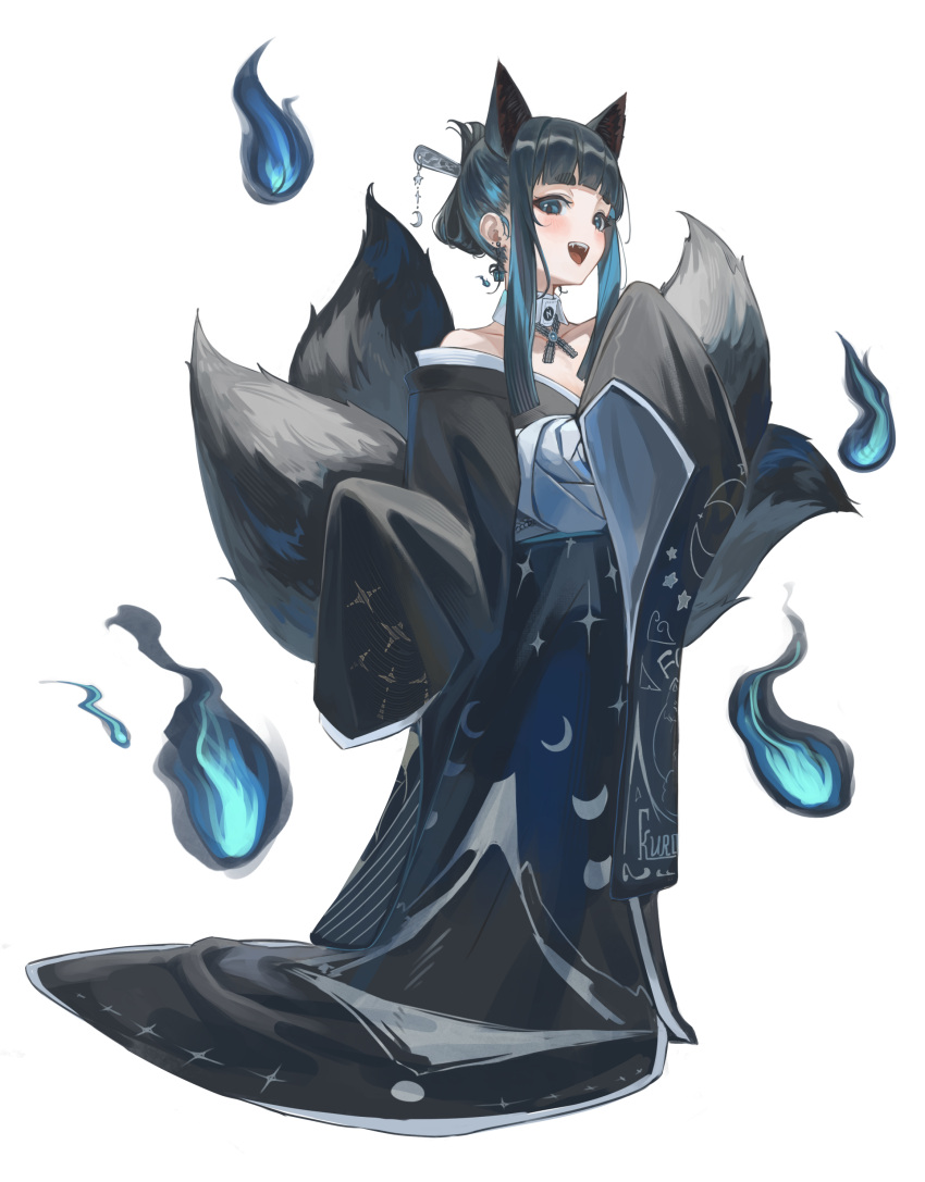 1girl, absurdres, animal_ears, black_hair, black_kimono, blue_hair, commentary_request, detached_collar