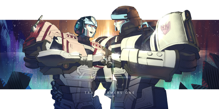 2boys, blue_eyes, d-16_(transformers_one), fist_bump, glowing, helmet, highres, insignia
