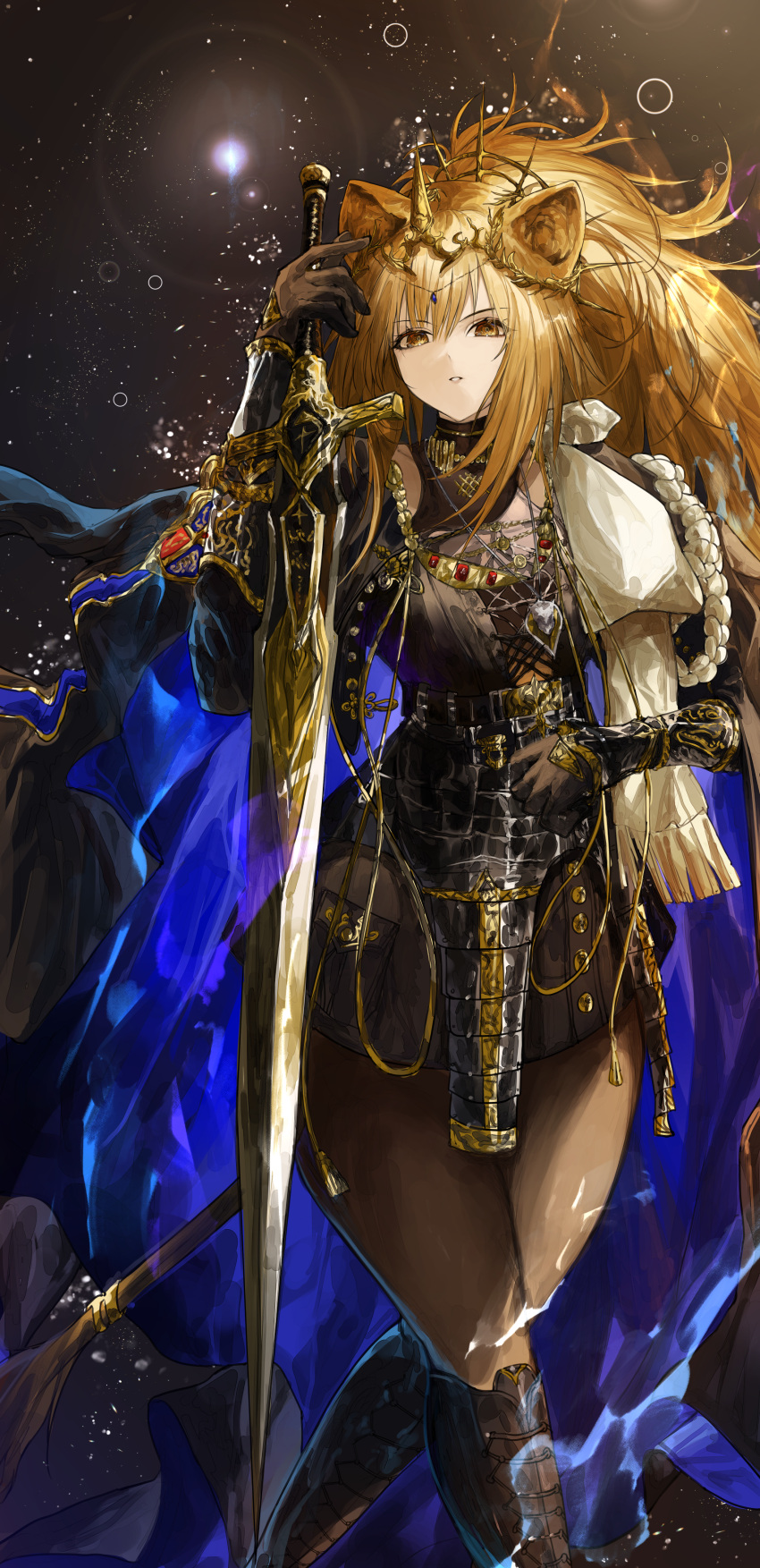 1girl, absurdres, animal_ears, arknights, cape, crown, head_chain, heraldry