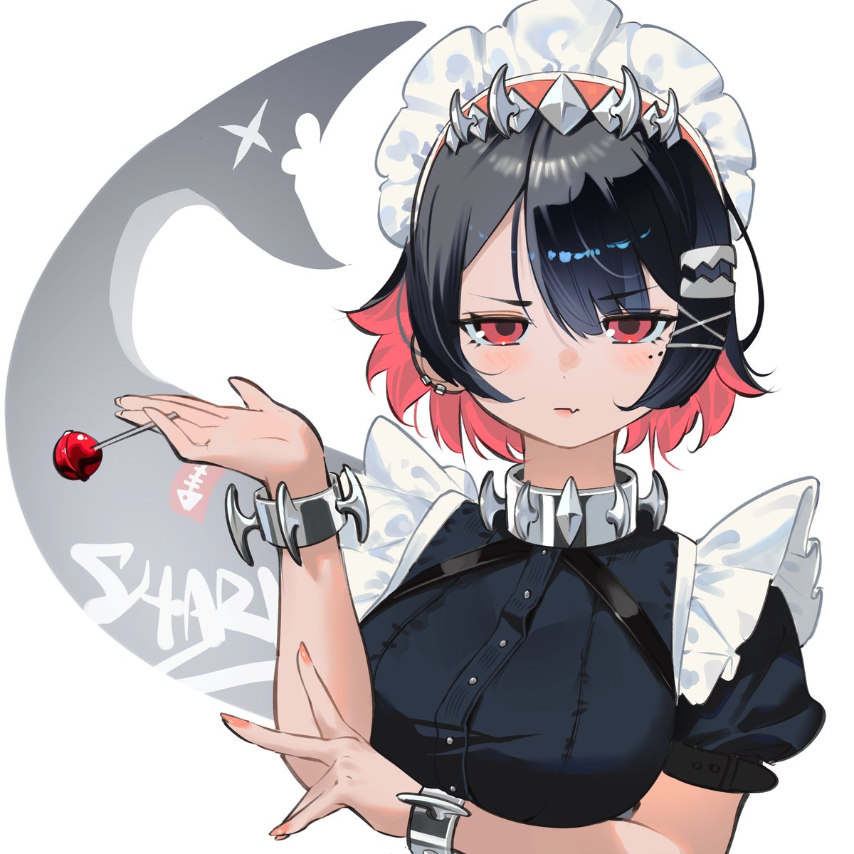 1girl, bea_lenoir, black_hair, candy, closed_mouth, colored_inner_hair, earrings, ellen_joe