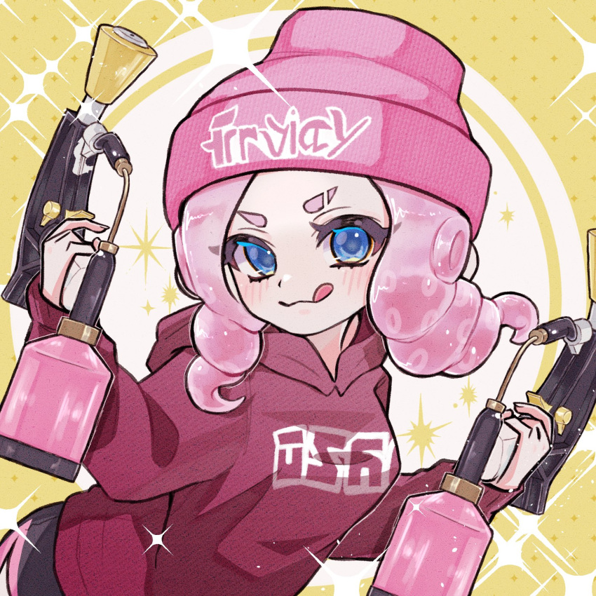 1girl, :q, beanie, black_shorts, blue_eyes, blush, closed_mouth, clothes_writing