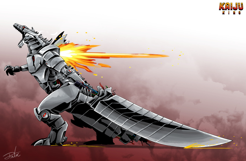 absurdres, battle_damage, claws, dragging, english_text, godzilla_(series), gradient_background, gugenheim98, highres, holding, holding_sword, holding_weapon, joints, mecha, mechagodzilla, monster, no_humans, non-humanoid_robot, open_mouth, red_eyes, robot, robot_joints, science_fiction, severed_tail, sharp_teeth, signature, solid_eyes, solo, sparkle, spines, sword, teeth, thrusters, weapon, wire