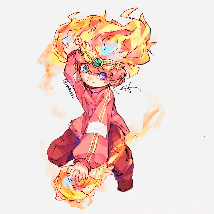 1boy, baggy_pants, blue_eyes, blue_pupils, bright_pupils, circlet, closed_mouth, collared_jacket