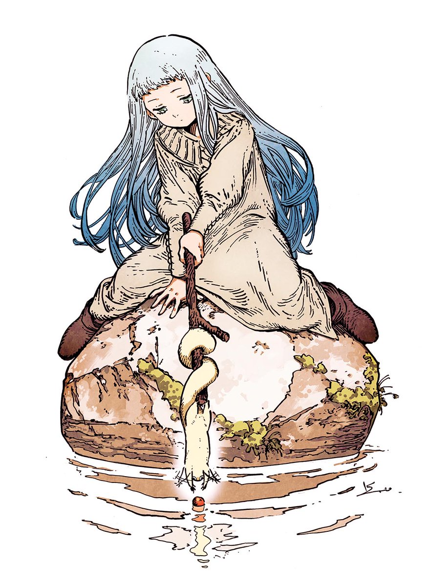 1girl, 1other, blue_eyes, blue_hair, boulder, branch, brushbug, closed_mouth