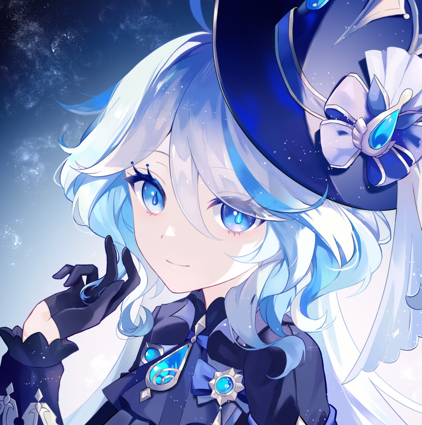 1girl, ascot, black_gloves, blue_ascot, blue_brooch, blue_eyes, blue_hair, blue_hat