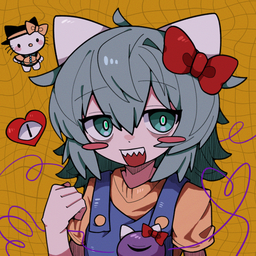 2girls, animal_ears, black_hat, blue_overalls, blush, bow, buttons, cat_ears