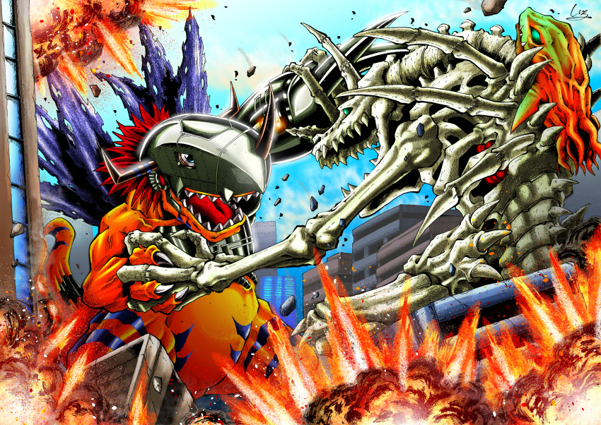 battle, blue_eyes, city, claws, cyborg, digimon, digimon_(creature), dragon, explosion, fake_horns, gamjagom, giant, giant_monster, helmet, highres, horned_helmet, horns, mechanical_arms, metalgreymon, monster, no_humans, open_mouth, redhead, ruins, sharp_teeth, signature, single_mechanical_arm, skeleton, skullgreymon, tail, teeth, torn_wings, traditional_media, wings