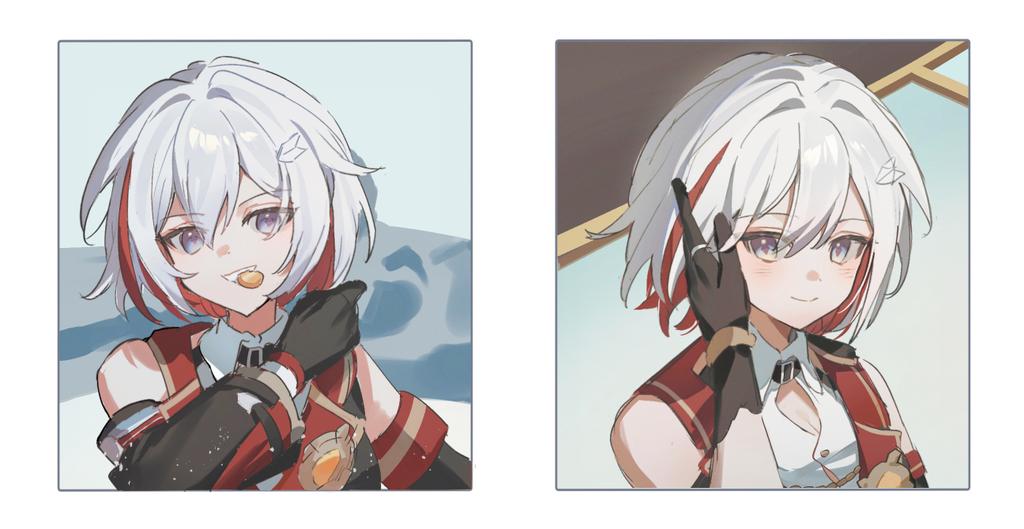1girl, bare_shoulders, blue_eyes, coin, colored_inner_hair, grey_hair, hair_between_eyes, hair_ornament, honkai:_star_rail, honkai_(series), jade_(honkai:_star_rail), looking_at_viewer, minamiyori, multicolored_hair, redhead, shirt, short_hair, smile, streaked_hair, topaz_(honkai:_star_rail), white_hair