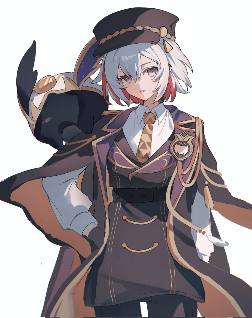 1girl, adapted_costume, black_gloves, black_hat, black_jacket, cape, closed_mouth, collared_shirt