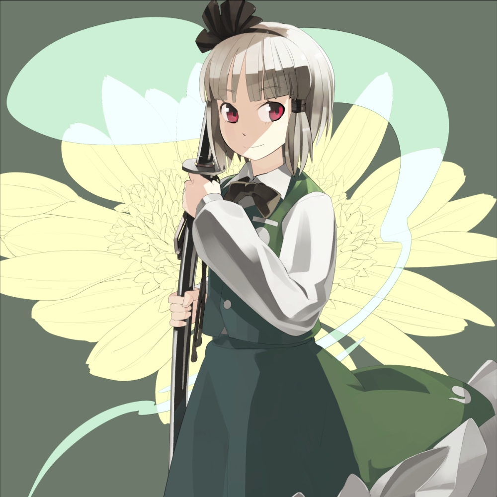 flower, hairband, katana, konpaku_youmu, konpaku_youmu_(ghost), myon, red_eyes, scabbard