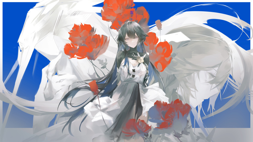 1girl, absurdres, anko_(renzao19823), black_hair, blue_background, blue_hair, border, colored_inner_hair