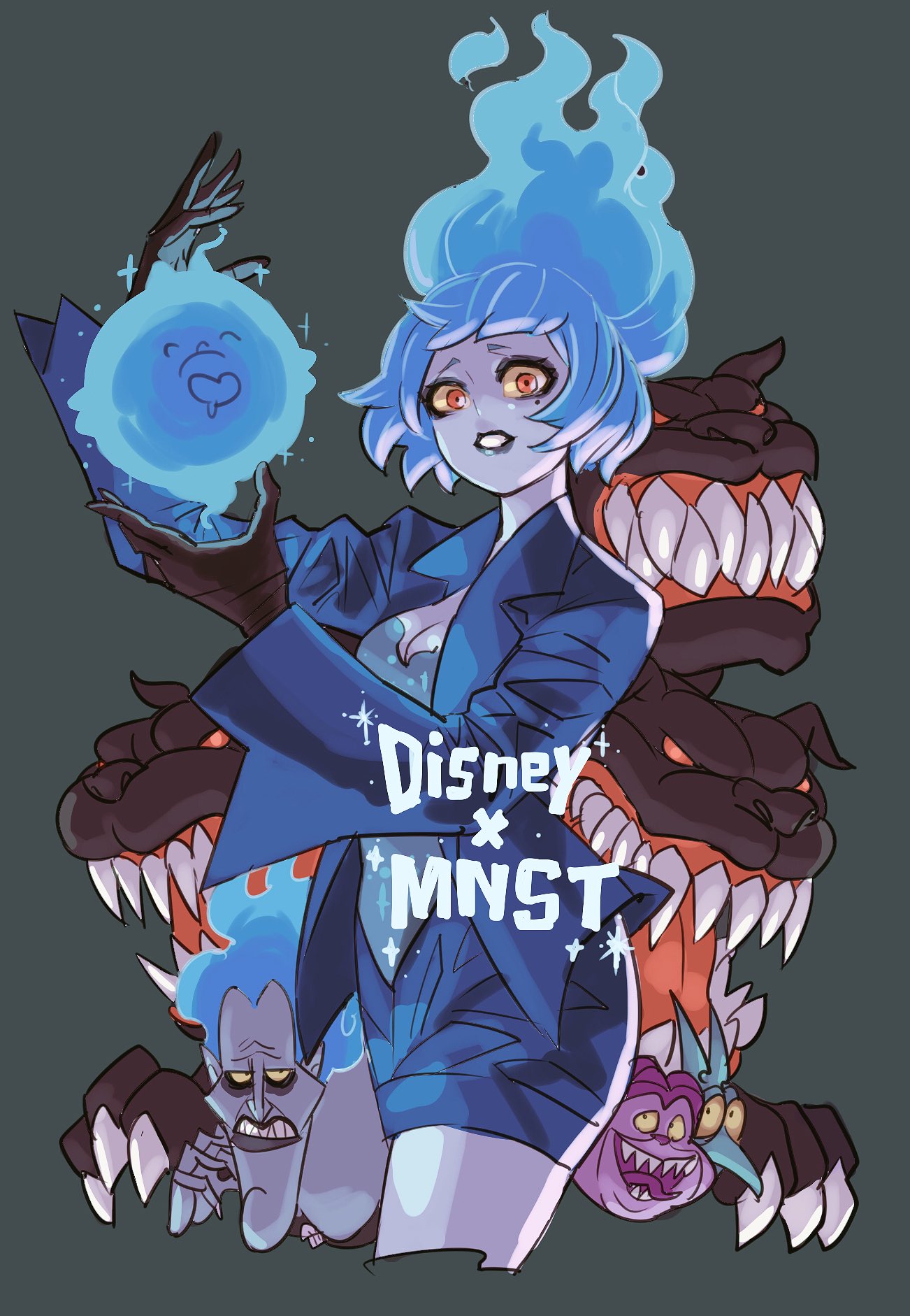 1boy, 1girl, black_gloves, blue_hair, blue_jacket, blue_shorts, commentary_request, creature