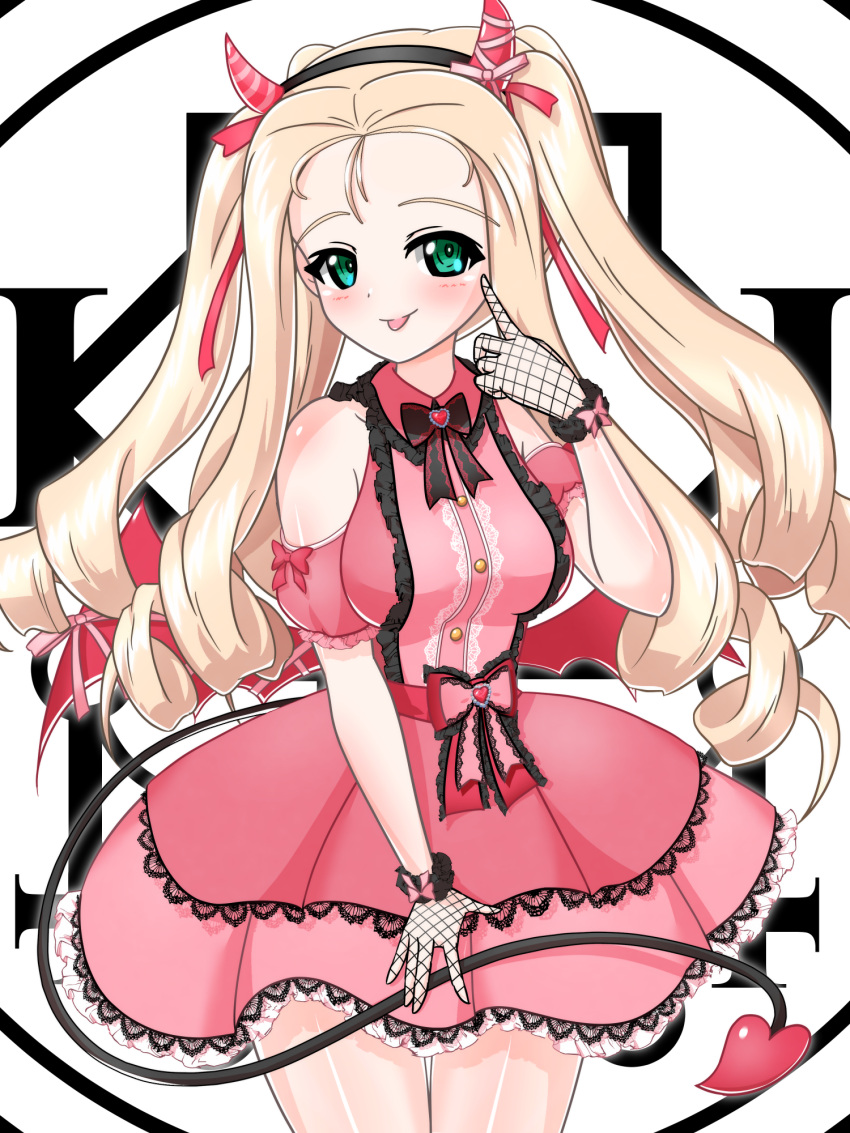 1girl, :p, black_bow, black_bowtie, black_gloves, blonde_hair, bow, bowtie