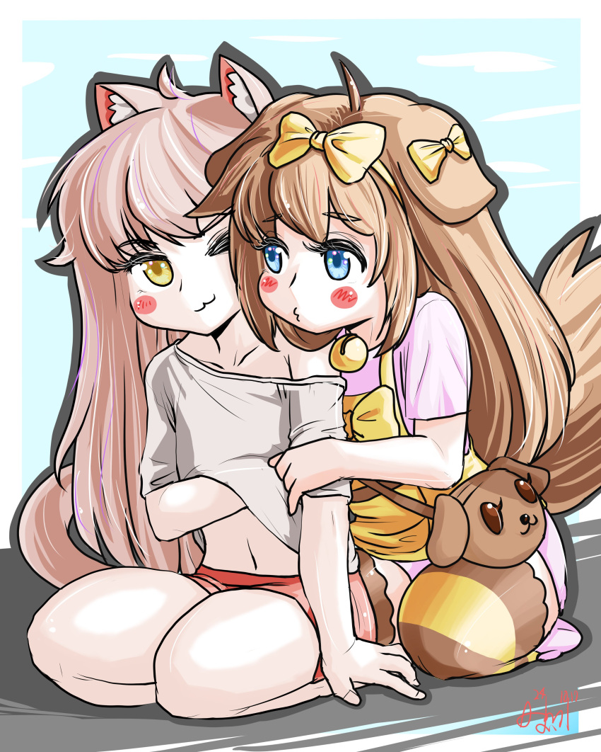 2girls, :3, absurdres, ahoge, animal_ears, aojyuro, bag, blue_eyes