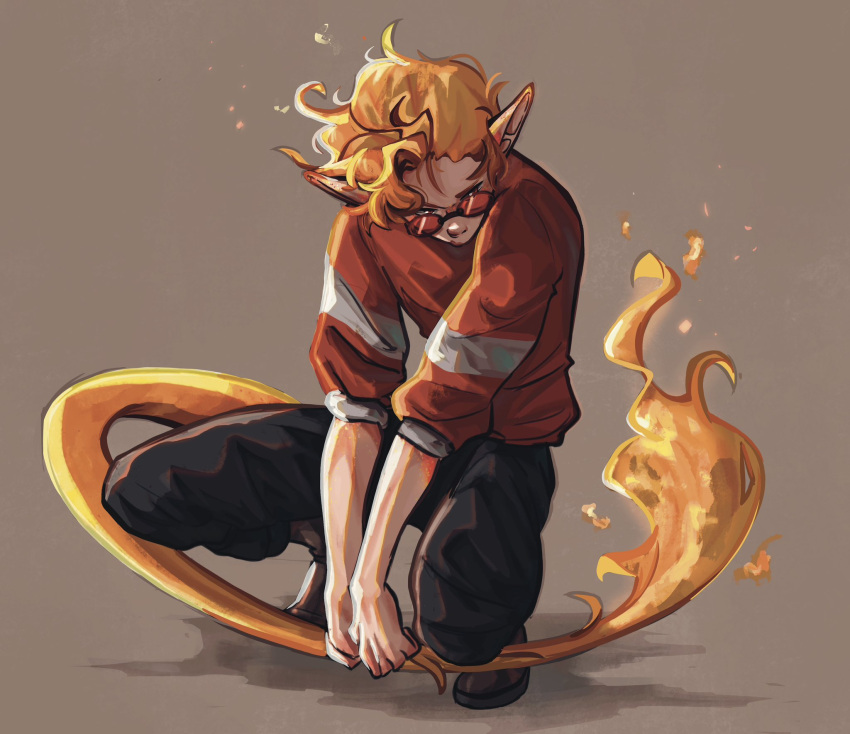 1boy, black_pants, brown_background, commentary, english_commentary, fire, hermitcraft, highres