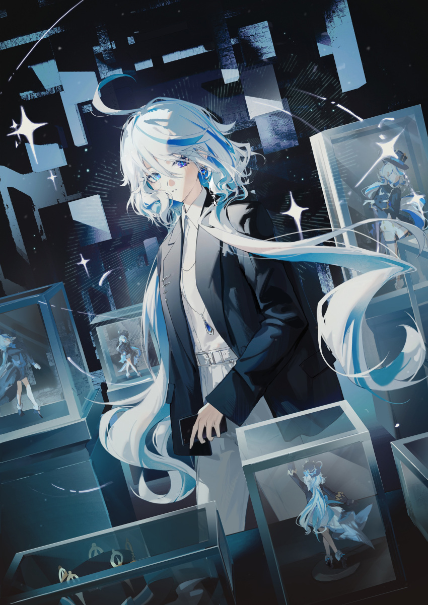 1girl, absurdres, alternate_costume, ayanon_ite, belt, black_jacket, blue_eyes, blue_gemstone