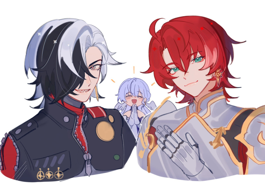 1girl, 2boys, ahoge, alternate_hair_length, alternate_hairstyle, aqua_eyes, argenti_(honkai:_star_rail), armor, armored_gloves, bandana, bare_shoulders, black_hair, black_jacket, blue_hair, boothill_(honkai:_star_rail), bullet_earrings, choker, closed_eyes, closed_mouth, cyborg, dress, earrings, english_commentary, eyeshadow, feathered_wings, gloves, gold_earrings, grey_armor, grey_eyes, hair_between_eyes, hair_over_one_eye, hand_on_own_chest, hand_up, head_wings, highres, honkai:_star_rail, honkai_(series), jacket, jewel_under_eye, jewelry, knight, long_hair, looking_at_viewer, makeup, multicolored_hair, multiple_boys, no_halo, open_mouth, own_hands_together, purple_choker, purple_dress, red_bandana, red_eyeshadow, red_pupils, redhead, robin_(honkai:_star_rail), sharp_teeth, sheriff_badge, shirokumun, short_hair, shoulder_armor, simple_background, single_earring, sleeveless, sleeveless_dress, smile, star_(symbol), star_earrings, strapless, strapless_dress, teeth, two-tone_dress, two-tone_hair, upper_body, white_background, white_dress, white_gloves, white_hair, wings, zipper