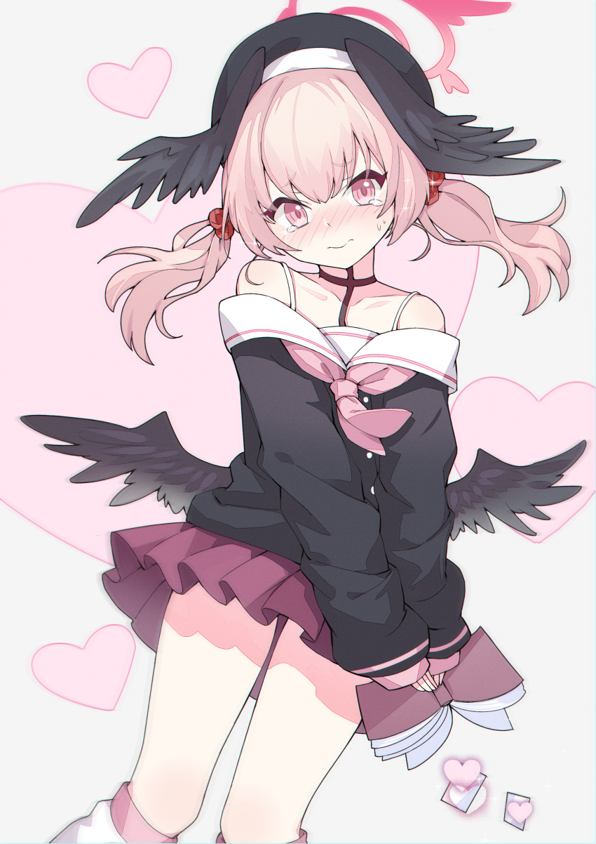 1girl, absurdres, bare_shoulders, black_serafuku, black_wings, blue_archive, blush, embarrassed, halo, head_wings, highres, koharu_(blue_archive), kushige_musume, pink_eyes, pink_hair, school_uniform, serafuku, skirt, tagme, thighs, twintails, wings