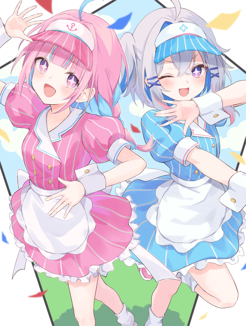 +_+, 2girls, ;d, absurdres, ahoge, alternate_costume, amane_kanata, aoha