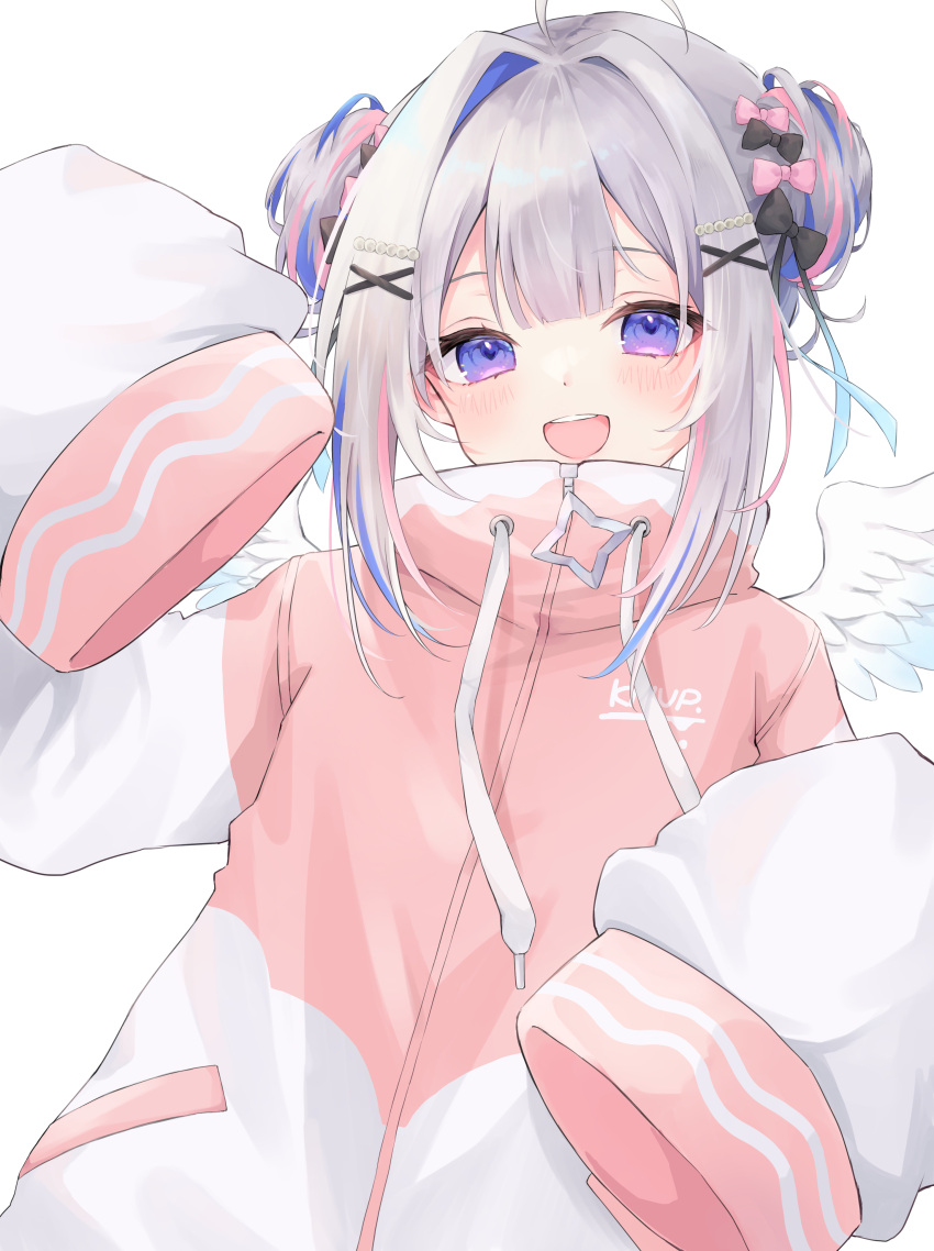 1girl, :d, absurdres, ahoge, alternate_costume, alternate_hairstyle, amane_kanata, angel