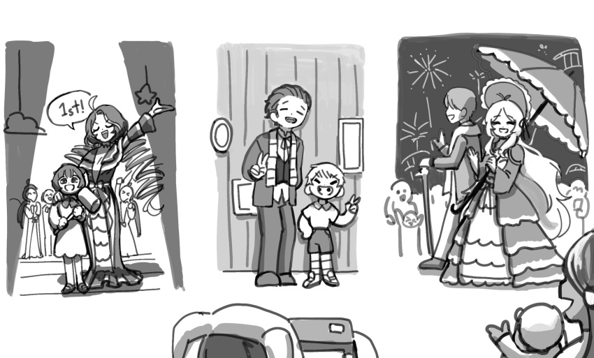 3boys, 3girls, 6+others, ahoge, baby, barber_(project_moon), black_pants, black_vest, bonnet, camera, cane, cassetti_(project_moon), child, clouds, collared_shirt, commentary_request, crowd, dress, drill_hair, dulcinea_(project_moon), fireworks, frilled_dress, frills, greyscale, highres, holding, holding_camera, holding_umbrella, korean_commentary, limbus_company, long_hair, mallet, monochrome, multicolored_hair, multiple_boys, multiple_girls, multiple_others, neck_ribbon, nra_3614, pants, parade, portrait_(object), priest_(project_moon), project_moon, ribbon, sash, shirt, short_hair, shorts, socks, speech_bubble, spotlight, star_(symbol), streaked_hair, suit, t-shirt, taking_picture, twin_drills, umbrella, v, vest, waving, white_shirt