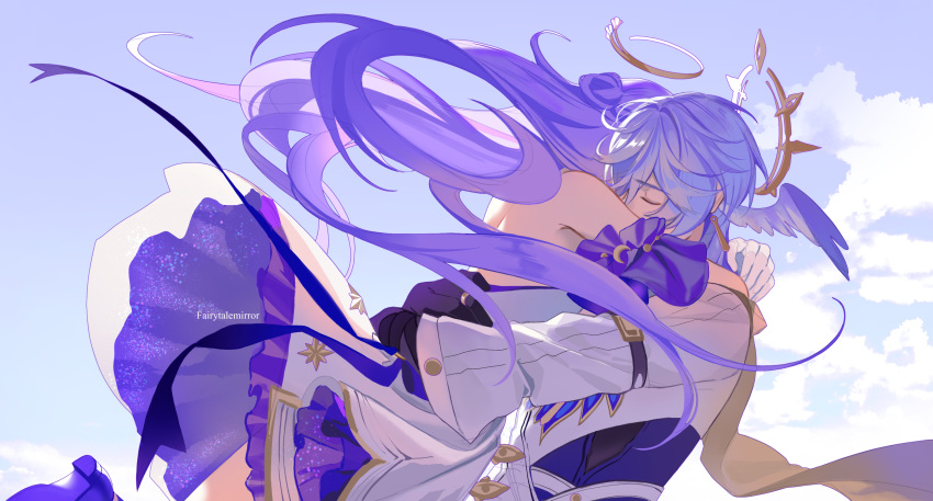 1boy, 1girl, artist_name, bare_shoulders, black_gloves, blue_hair, blue_sky, brother_and_sister, clip_studio_paint_(medium), closed_eyes, clouds, cloudy_sky, covered_mouth, crescent_ornament, day, detached_sleeves, dress, english_commentary, fairytalemirror, feathered_wings, floating_hair, frills, gloves, hair_between_eyes, hair_bun, halo, halo_behind_head, head_wings, highres, honkai:_star_rail, honkai_(series), hug, jacket, long_hair, long_sleeves, outdoors, purple_dress, purple_hair, robin_(honkai:_star_rail), short_hair, short_sleeves, siblings, sky, sleeveless, sleeveless_dress, star_(symbol), star_print, sunday_(honkai:_star_rail), two-tone_dress, white_dress, white_gloves, white_jacket, wide_sleeves, wings