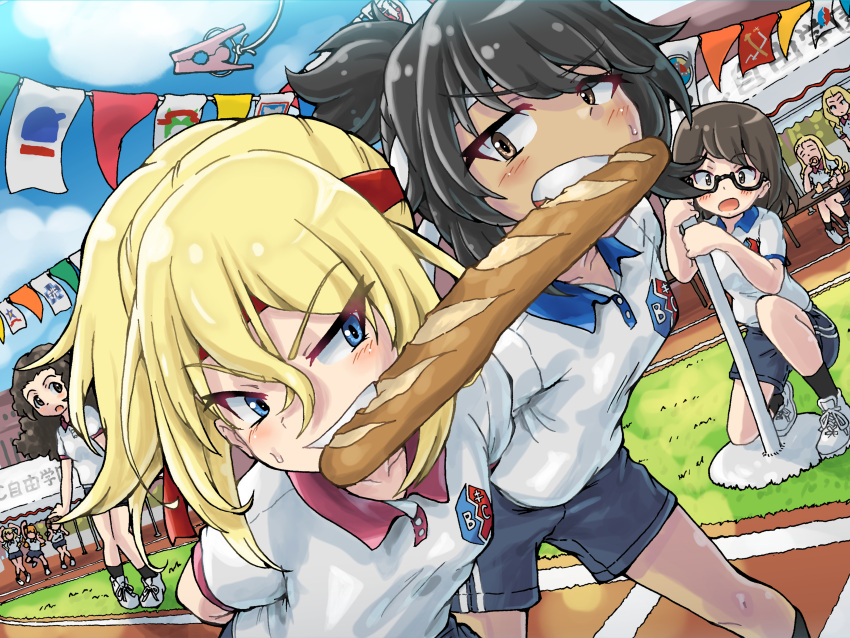 6+girls, absurdres, andou_(girls_und_panzer), arms_behind_back, baguette, bc_freedom_(emblem), black_eyes, black_hair
