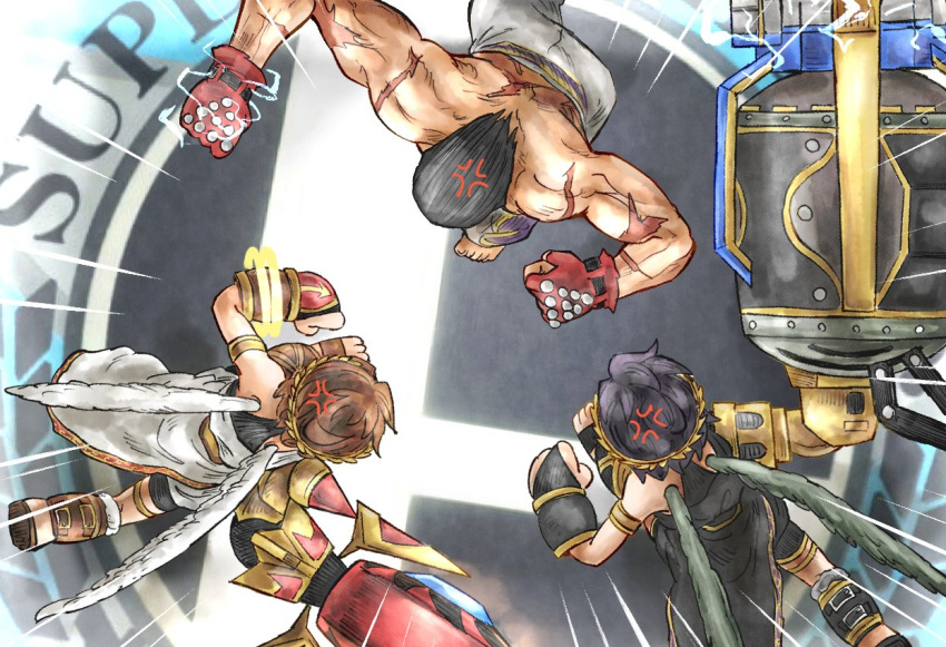 3boys, angel, angel_wings, anger_vein, black_hair, brown_hair, clenched_hands, dark_pit