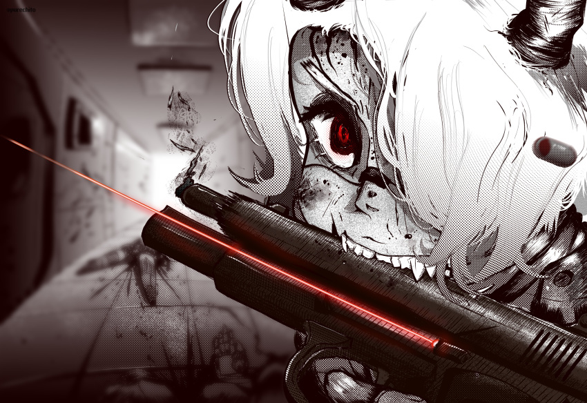 1girl, 2others, absurdres, android, biting, blood, character_request, cocking_gun, commentary, corpse, demon_girl, demon_horns, english_commentary, gun, hallway, handgun, helltaker, highres, horns, laser_sight, multiple_others, purechito, red_eyes, reloading, shell_casing, signalis, weapon, white_hair