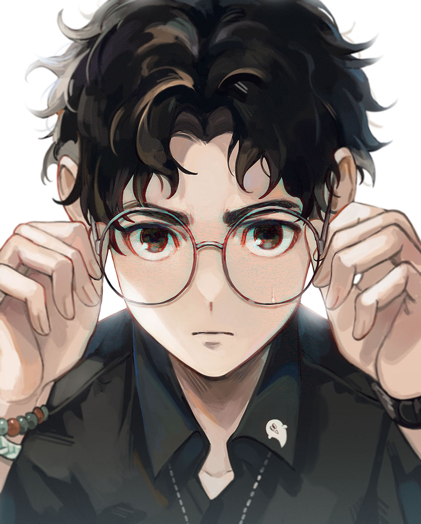 1boy, alternate_costume, black_hair, black_shirt, bracelet, brown_eyes, closed_mouth, collared_shirt