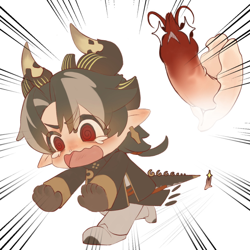 1boy, arknights, black_hair, brown_hair, chibi, chong_yue_(arknights), coat, commentary_request, crying, dragon_boy, dragon_horns, emphasis_lines, fang, food, har_gow, haruki_(haruki096), highres, horns, long_hair, low_ponytail, male_focus, multicolored_hair, pointy_ears, red_eyes, running, shrimp, simple_background, skin_fang, solo, streaked_hair, white_background