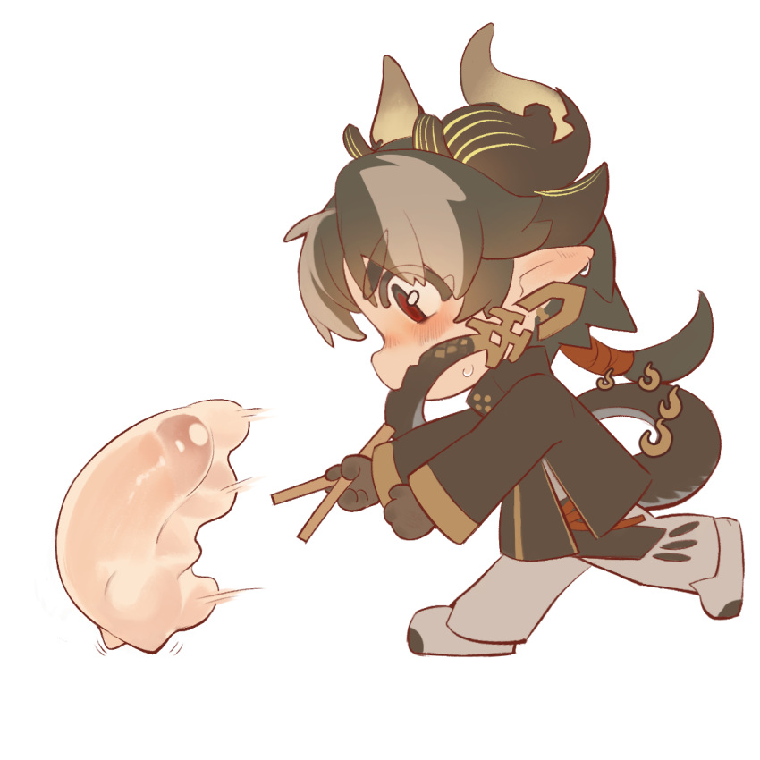 1boy, arknights, black_hair, brown_hair, chibi, chong_yue_(arknights), chopsticks, coat, commentary_request, dragon_boy, dragon_horns, fang, food, har_gow, haruki_(haruki096), highres, holding, holding_chopsticks, holding_own_tail, horns, long_hair, low_ponytail, male_focus, mouth_hold, multicolored_hair, pointy_ears, red_eyes, running, simple_background, skin_fang, solo, streaked_hair, tail, white_background