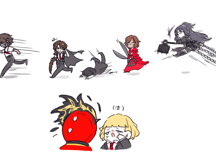 1other, 2girls, 4boys, arthropod_limbs, black_coat, black_hair, black_pants, black_vest