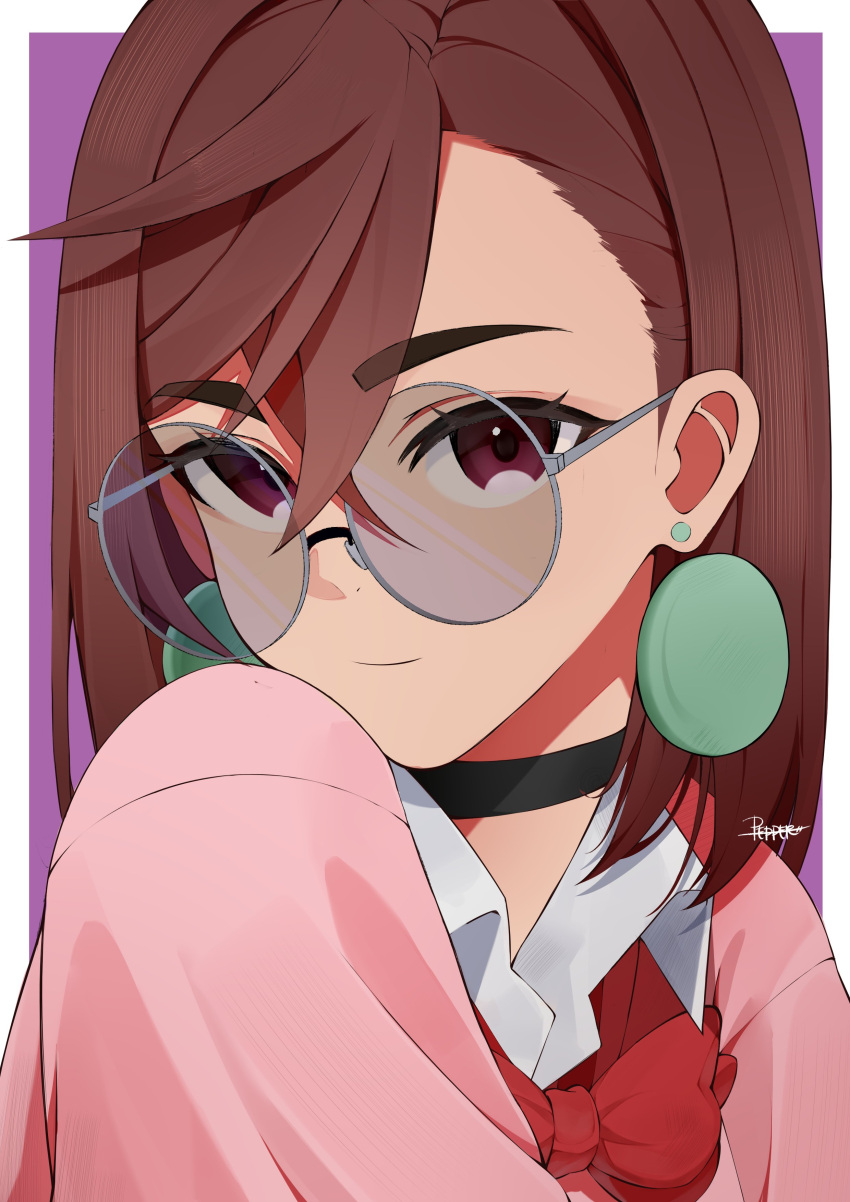 1girl, absurdres, artist_name, ayase_momo, bespectacled, black_choker, border, bow