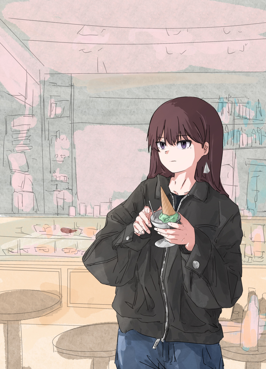 1girl, absurdres, bang_dream!, bang_dream!_it's_mygo!!!!!, black_jacket, blue_pants, brown_hair, chinese_commentary