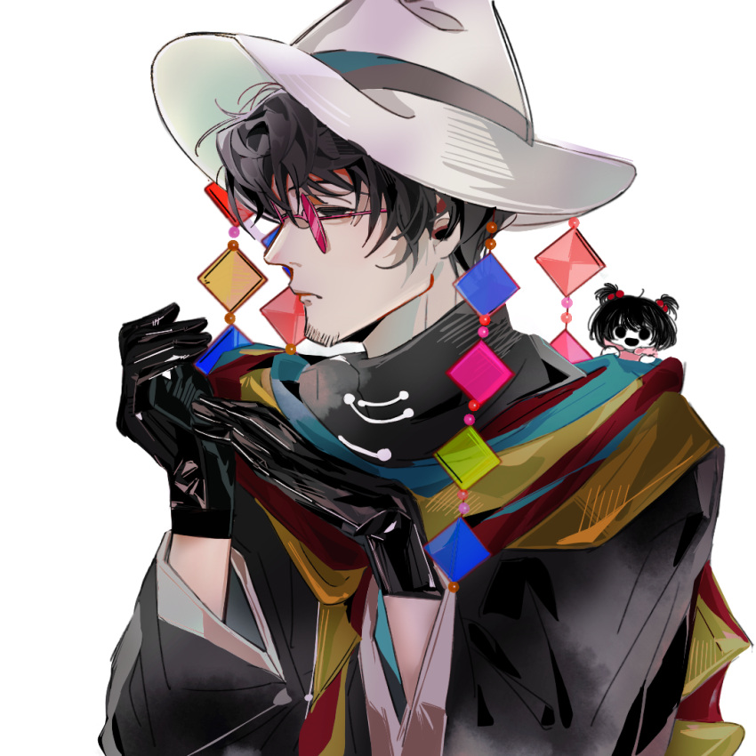 1boy, 1girl, babaibaiwan, beard_stubble, black_eyes, black_gloves, black_hair, black_jacket, chinese_commentary, closed_mouth, colored_skin, commentary_request, facial_hair, fedora, frown, gloves, hair_bobbles, hair_ornament, hat, huai_huizhi, huai_yunqing, jacket, long_sleeves, male_focus, mini_person, minigirl, multicolored_clothes, multicolored_scarf, open_mouth, pink-tinted_eyewear, pink_shirt, round_eyewear, scarf, shirt, short_hair, short_twintails, simple_background, smile, stubble, tinted_eyewear, touqi_guaitan, twintails, upper_body, white_background, white_hat, white_skin