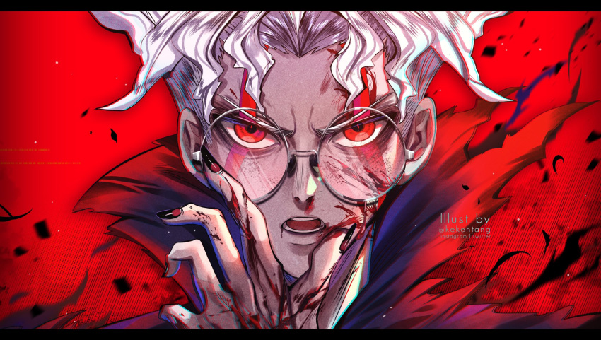 1boy, alternate_form, black_nails, blood, blood_on_face, dandadan, facial_mark, glasses