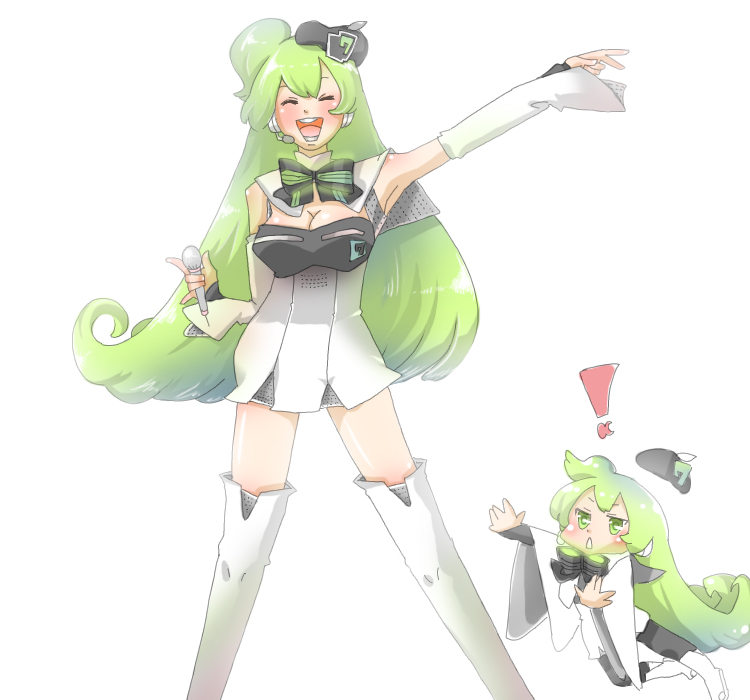 2girls, bad_id, blonde_hair, boots, bowtie, closed_eyes, detached_sleeves, green_eyes