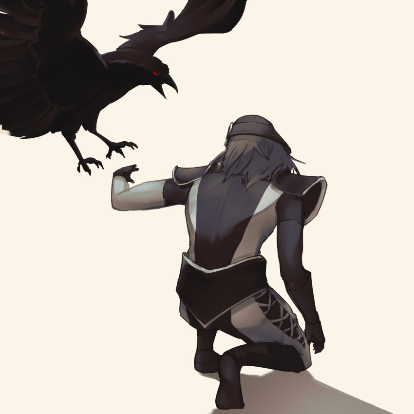 1boy, armor, asymmetrical_sleeves, bird, crow, from_behind, fuuma_kotarou_(sengoku_basara), gloves, helmet, highres, kneeling, male_focus, medium_hair, ninja, sengoku_basara, sepia, shoulder_armor, simple_background, solo, spot_color, surushiru, uneven_sleeves, white_background
