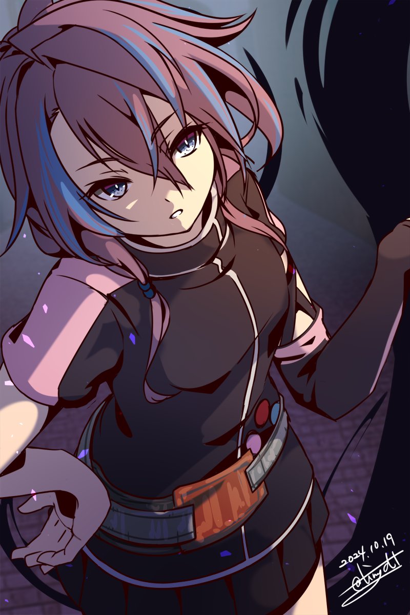 1girl, antenna_hair, breasts, dated, double-parted_bangs, eiyuu_densetsu, hair_between_eyes, hand_on_own_hip