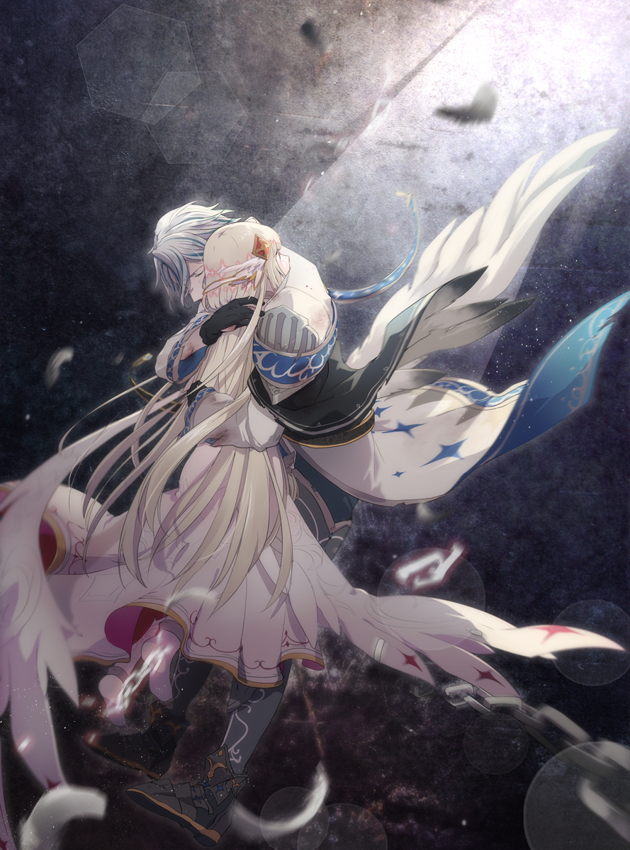 1boy, 1girl, 770_(mo70ot), ashley_dina, blue_hair, brown_eyes, chain, closed_eyes