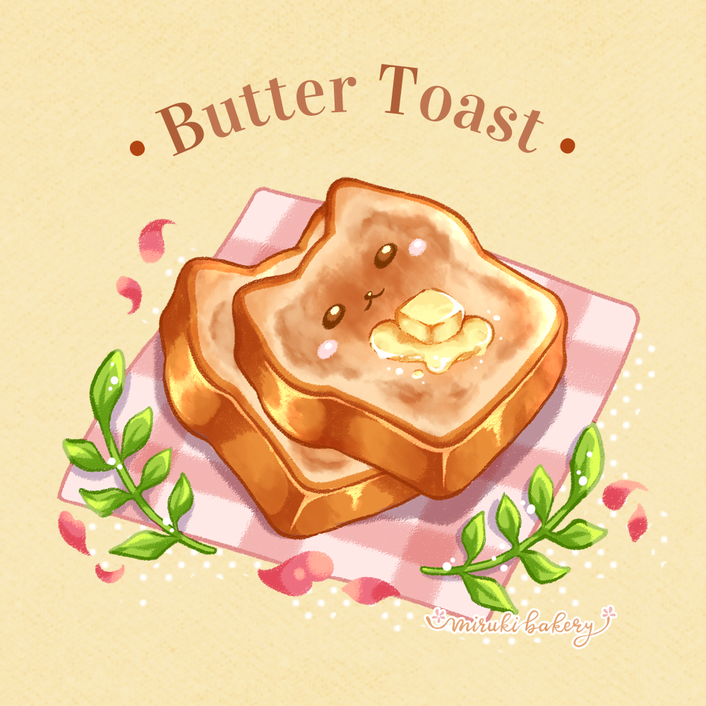 animal-themed_food, artist_name, bread, bread_slice, butter, cat, chocomiruki, commentary_request, english_text, fern, food, food_focus, napkin, no_humans, original, petals, shadow, simple_background, toast, yellow_background