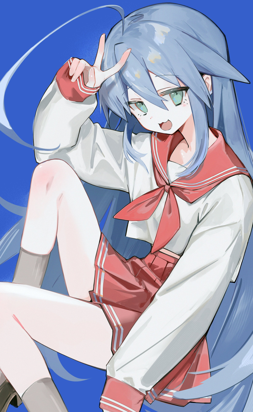 1girl, :d, absurdres, ahoge, august., blue_background, blue_hair, commentary_request